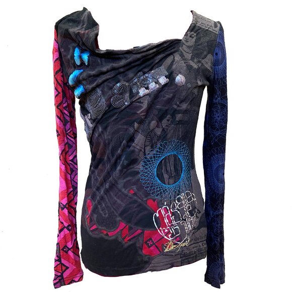 Quirky Vintage Desigual Long Sleeve Asymmetrical Cotton Stretch Knit Shirt, XS - Picture 1 of 8